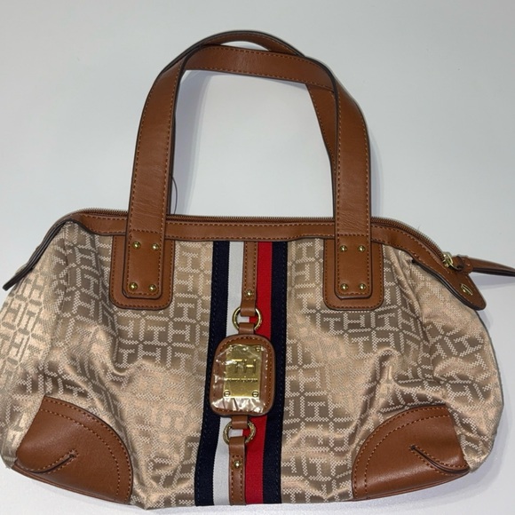 Tommy Hilfiger Tan and Brown Satchel with Red and Blue Stripes - Picture 1 of 6